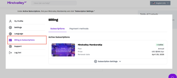 Click On subscription settings
